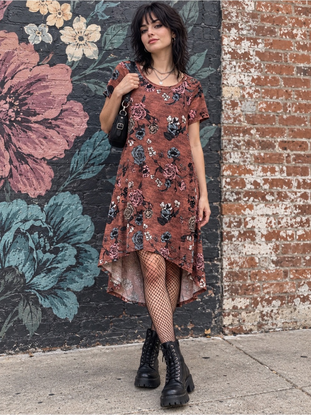 Floral High-Low Short Sleeve Dress in Rust
